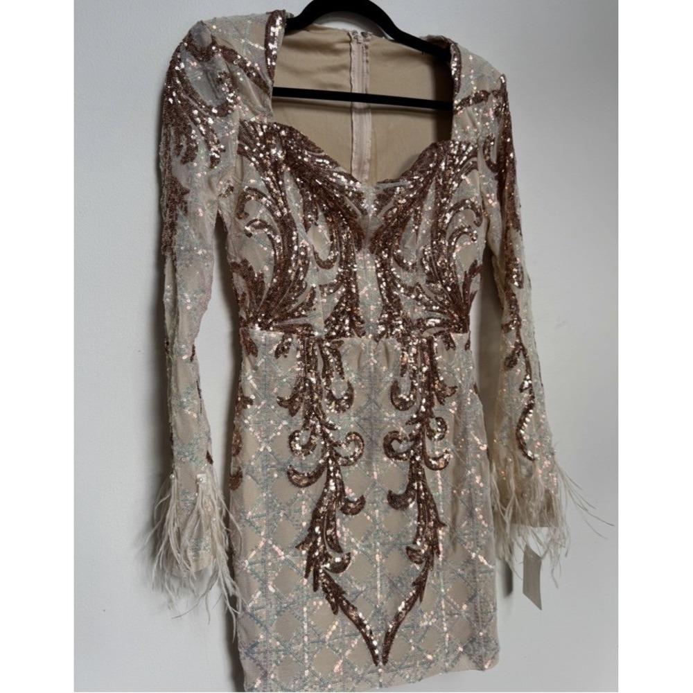 Rose Gold Sequin Embellished Dress S Feather Cuffs Nude Mesh Party Cocktail Glam - Picture 2 of 16
